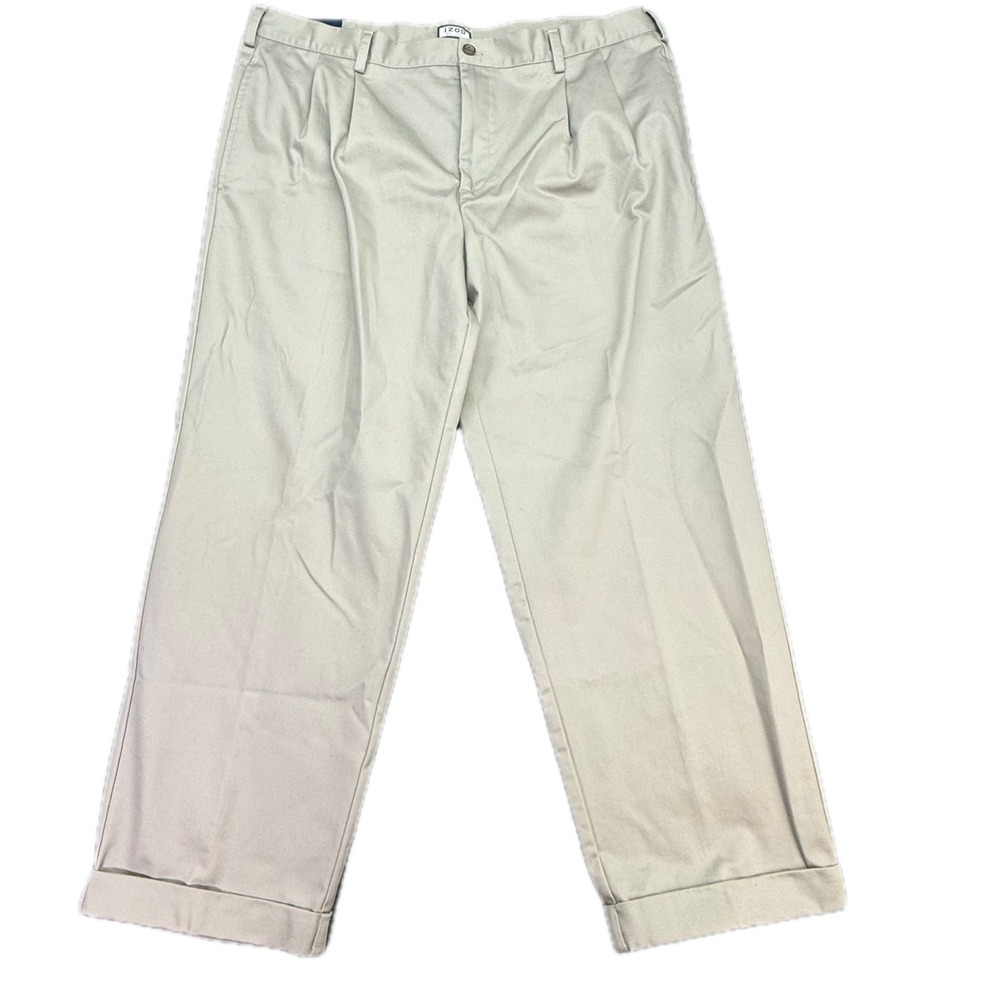 IZOD Chino Pants Mens 42x30 Tan Double Pleated Wrinkle Free 100% Cotton Cuffed